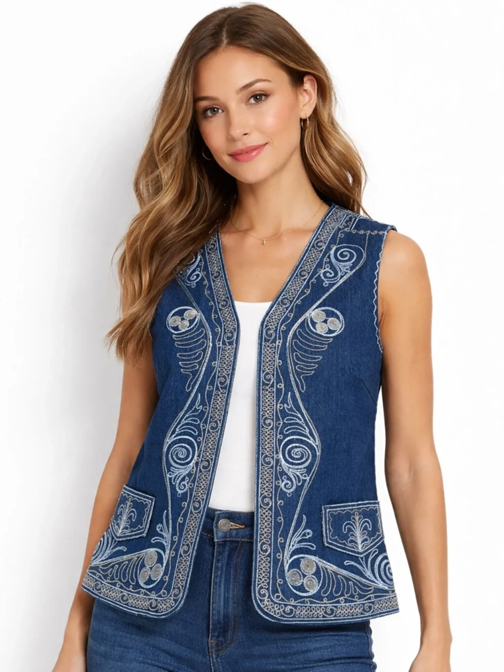 Coldwater Creek Navy Denim Vest with Gold Embroidery - Picture 1 of 7
